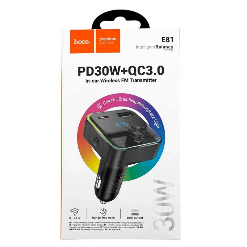 FM модулятор Hoco E81 12-24V/1USB/PD30W/QC3.0/BT5.0/RGB/LCD дисплей чорний